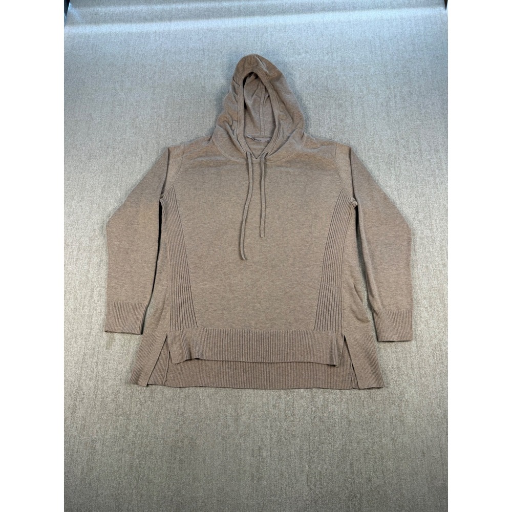 Athleta Hooded Sweater Women Size L Tan Beige Ribbed High Low Hem Knit Top